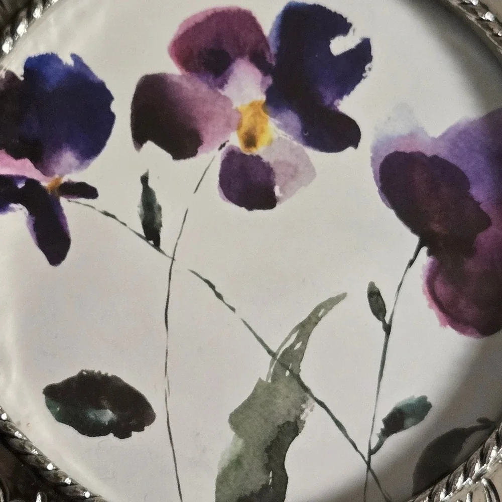 Round Silver Ornate Scrollwork Floral Photo Frame Tabletop Pansy watercolor 4